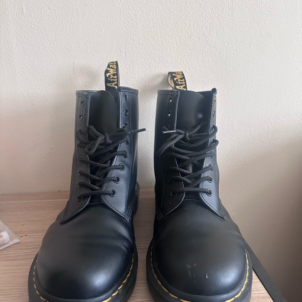 Dr. Martens Black Leather Boots with Yellow Stitching